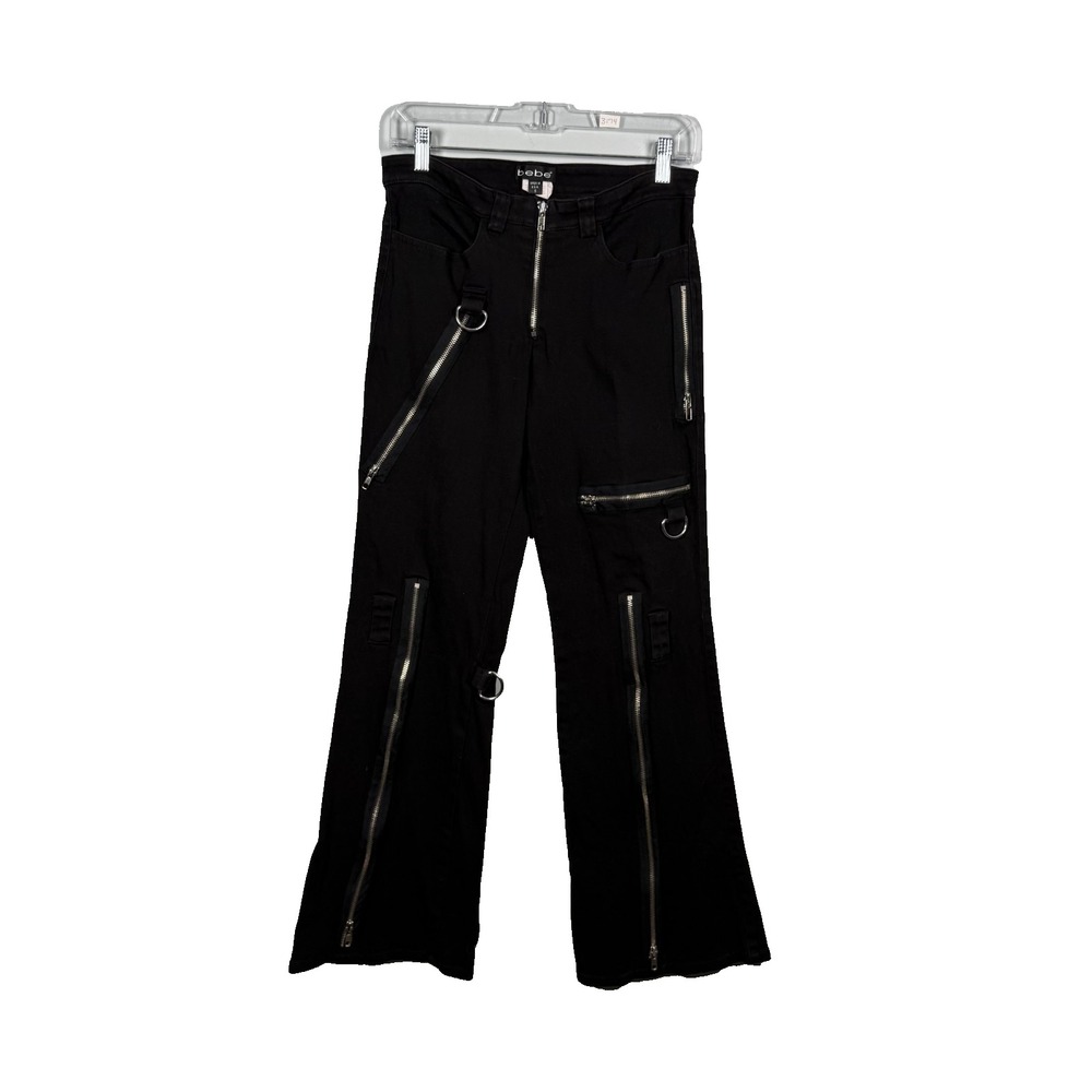 Bebe Womens Black Jeans Size 8 Flare Bondage Goth Emo 90s Y2K Grunge Punk VTG